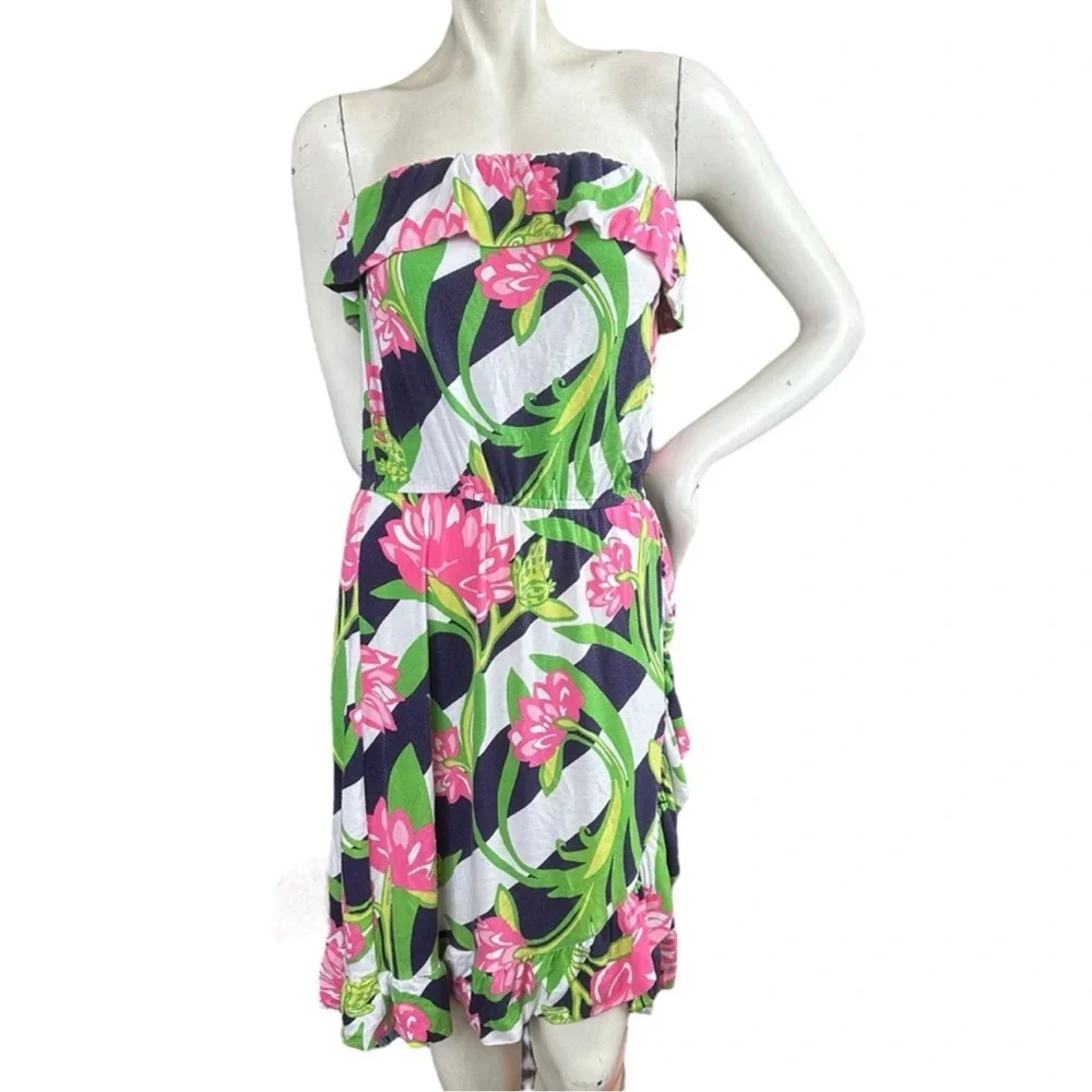 Lilly Pulitzer Strapless Flor Faux Wrap Dress Navy Pink Jumping the Line Large - Picture 2 of 11